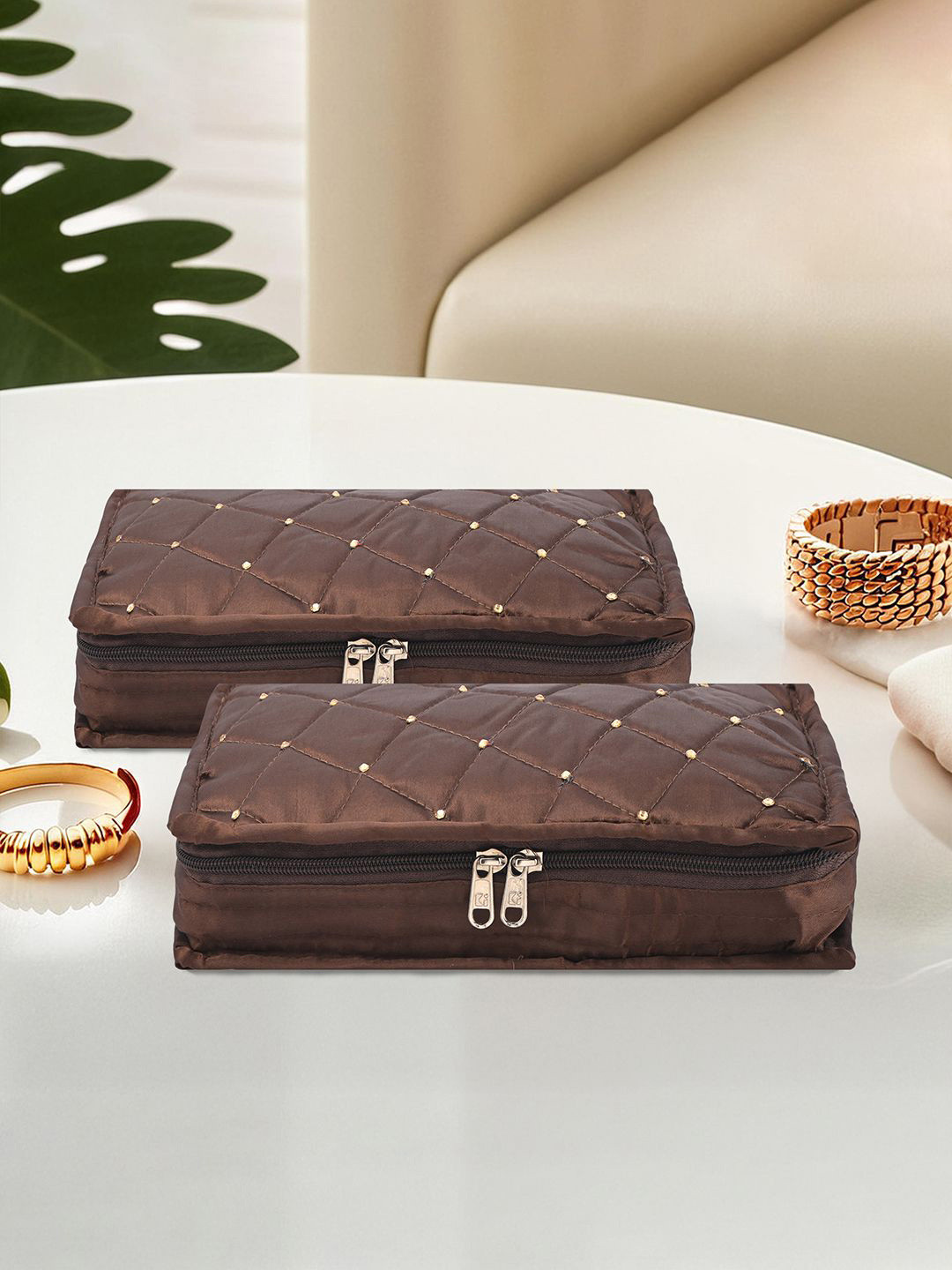 Kuber Industries Brown & Gold Toned Set of 2 Satin Jewellery Organiser Kit With 6 Pouches