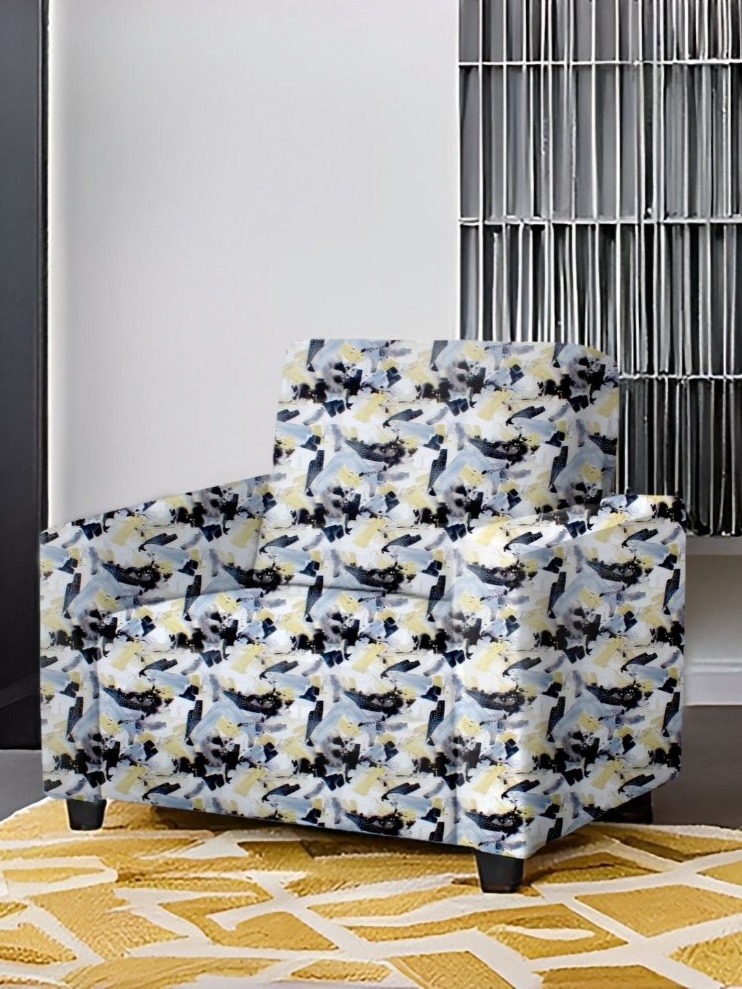 Stylista Yellow And Blue Printed Stretchable Sofa Cover With Arms