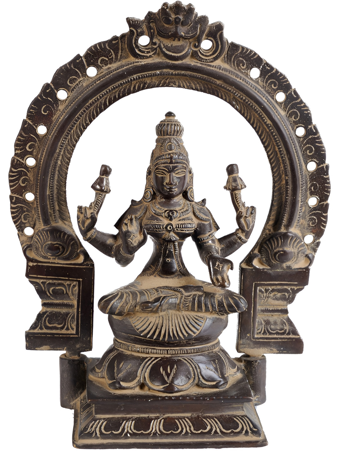 Exotic India Goddess Lakshmi Seated on Lotus Brown Brass Metallic Prayer Room Hand Made Medium Showpiece - 6.8 Inches