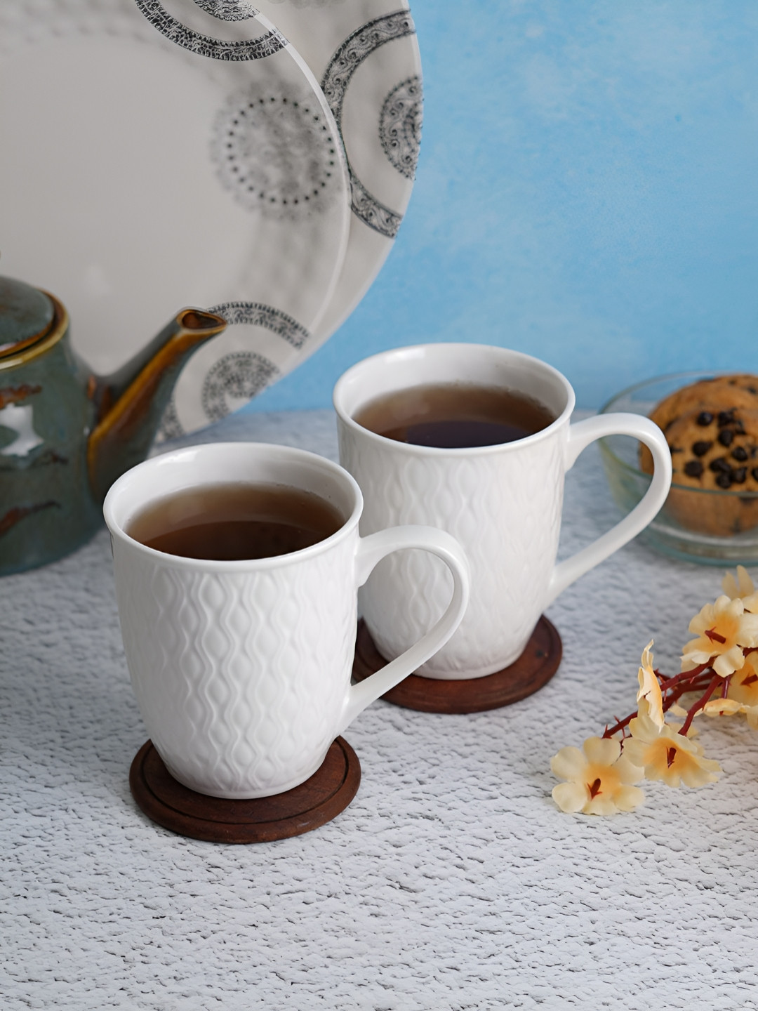 Aura Marry Me White Textured Ceramic Handmade 2 Piece Mugs-300ml