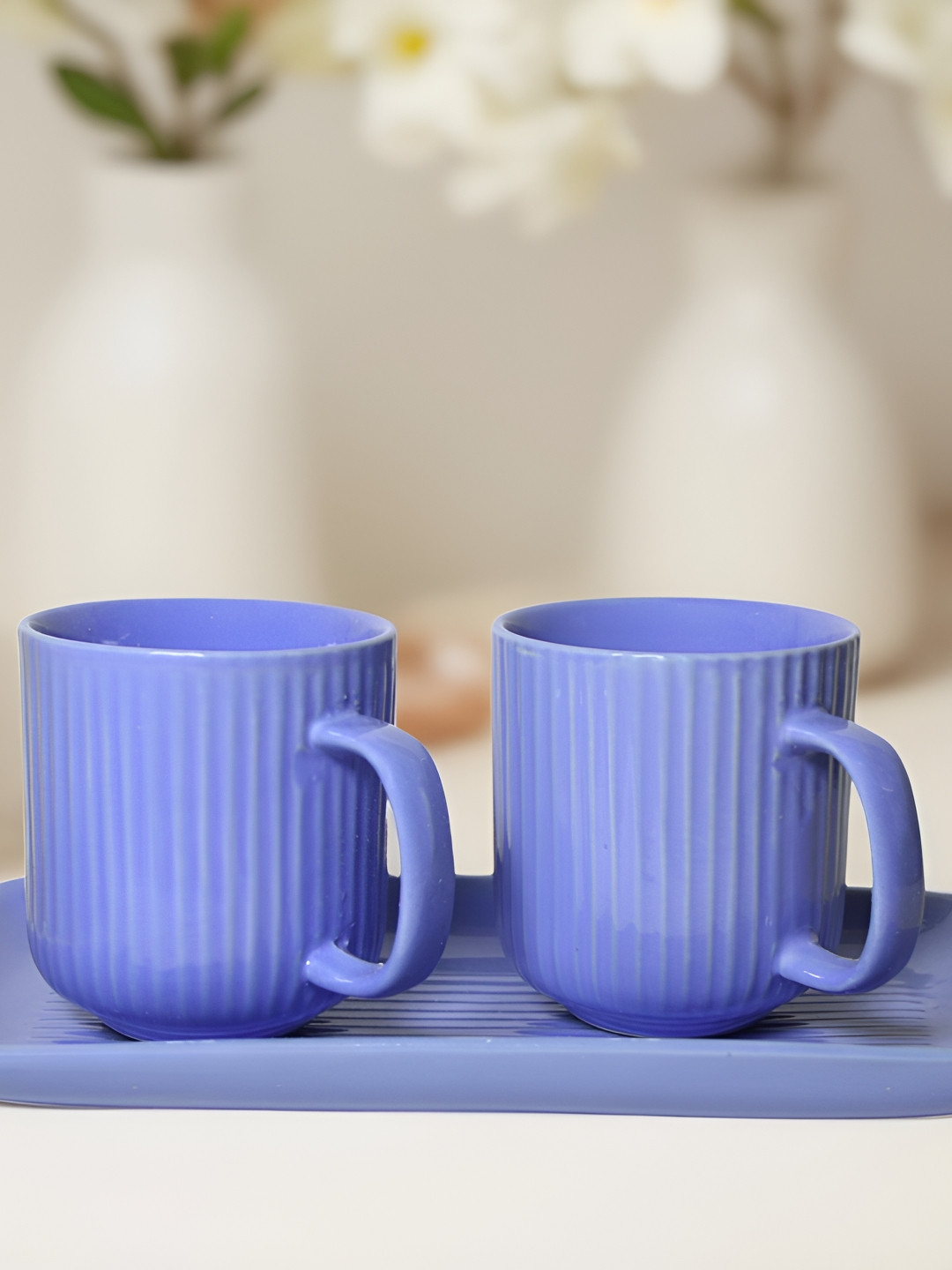 Ekaura Purple Textured Ceramic Microwave Safe 2 Piece Cup with Tray-300ml