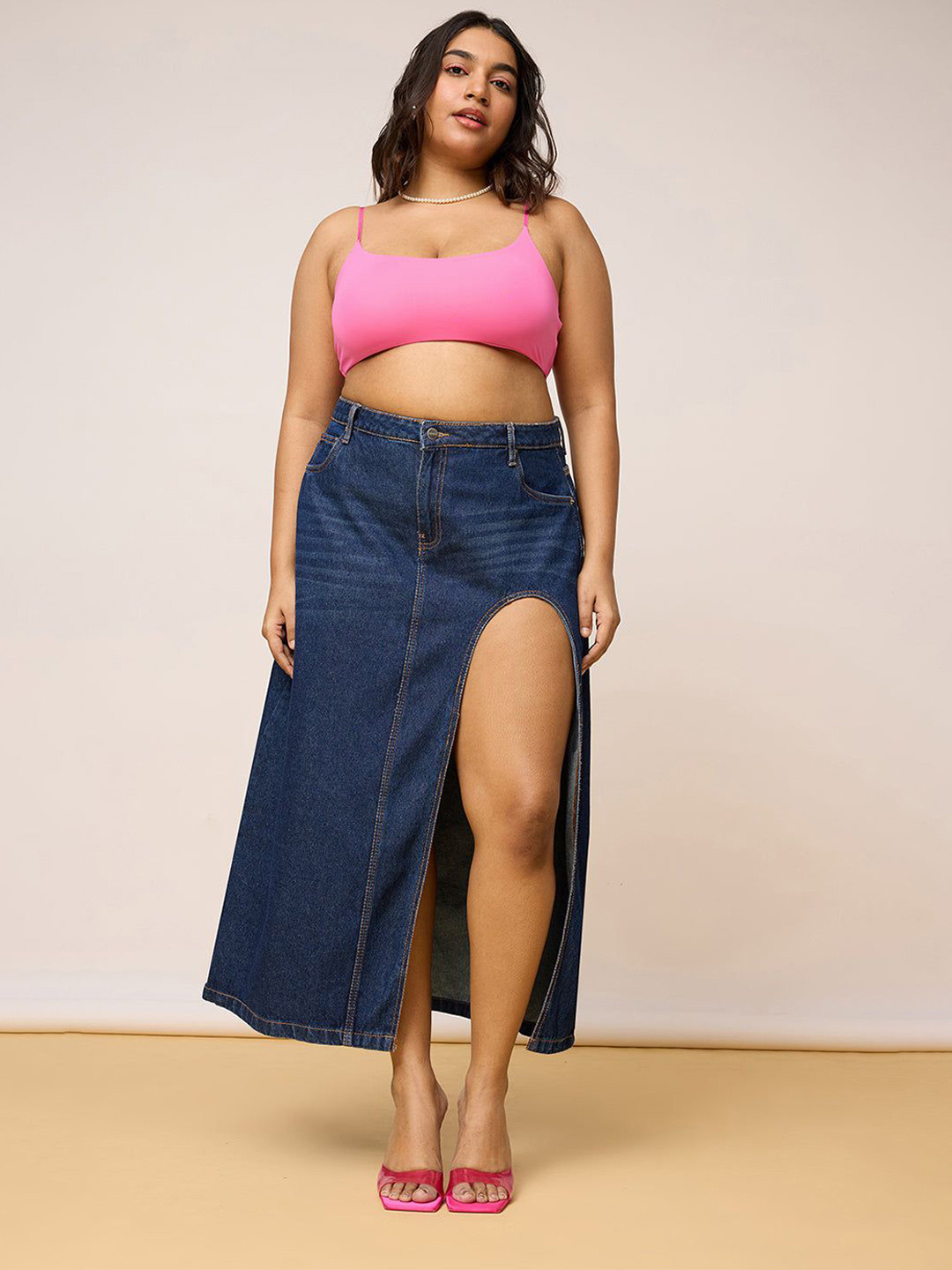 FREAKINS Blue High Cut Curve Midi Skirt