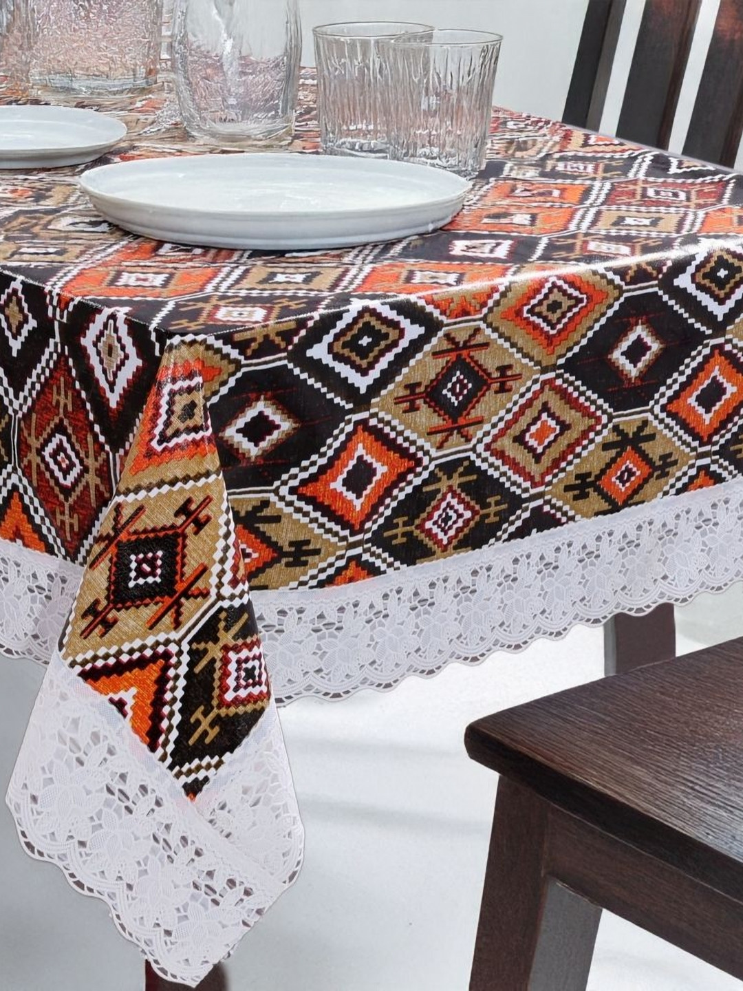 Stylista Beige And Orange Geometric Printed Rectangle 8-Seater Table Cover