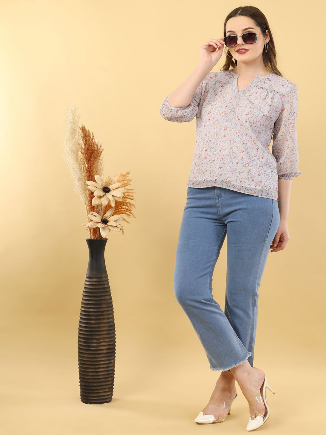 Ekika Women Floral Print Georgette Shirt Style Top