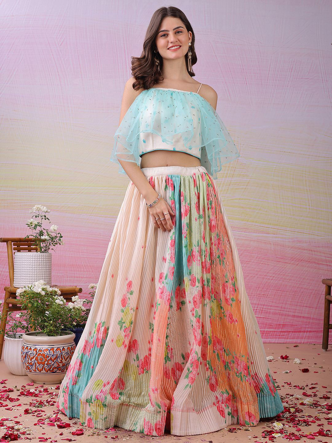 SAPTRANGI Printed Beaded Semi-Stitched Lehenga And Unstitched Choli