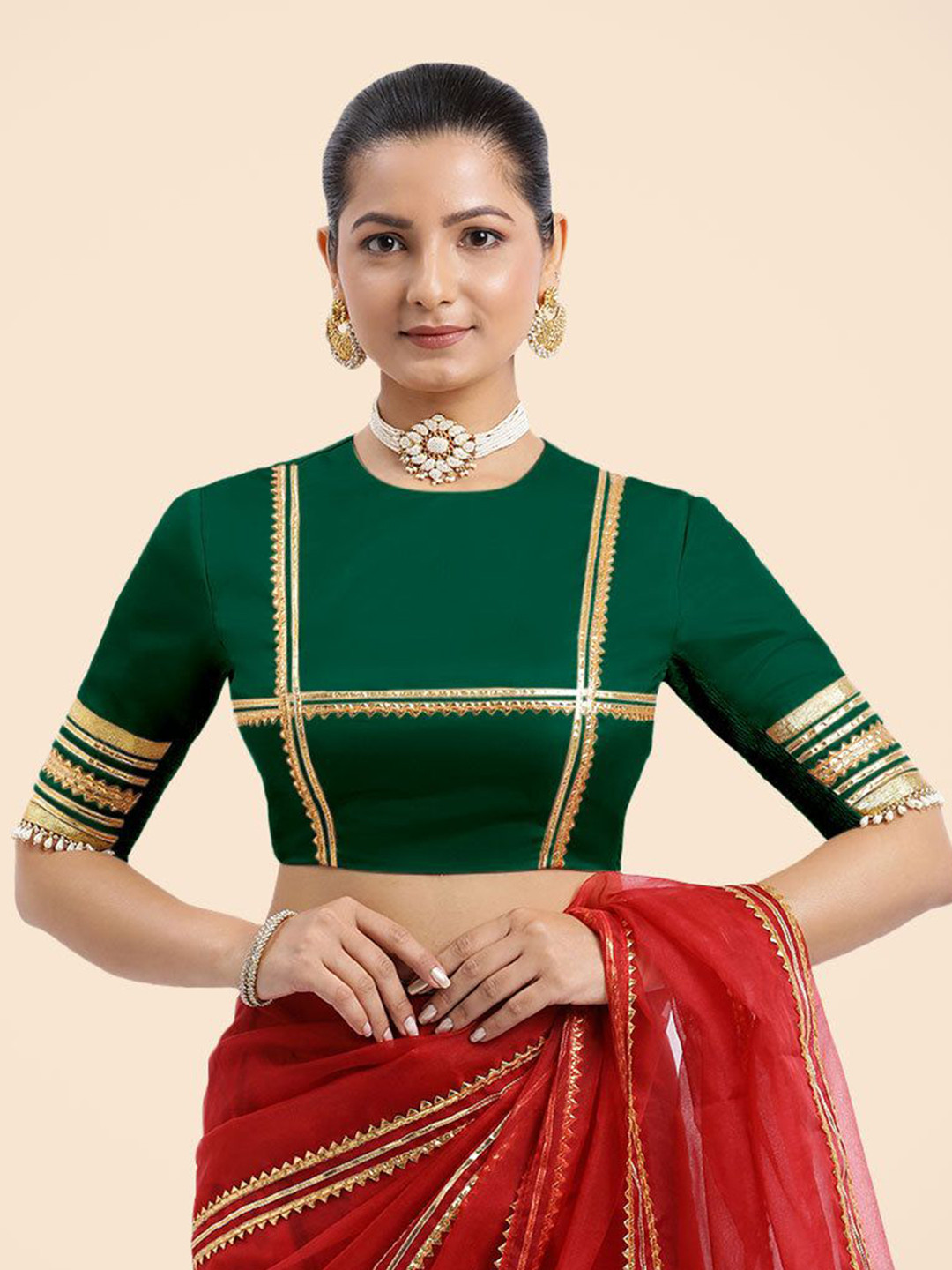 Green Stretchable Designer Silk Round-Neck Elbow Sleeves Blouse