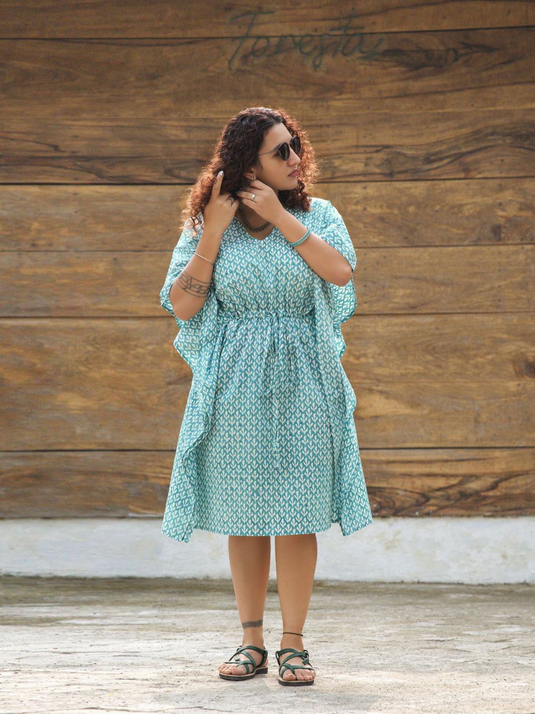 Nilam India Women Teal Kaftan Organic Cotton Dress