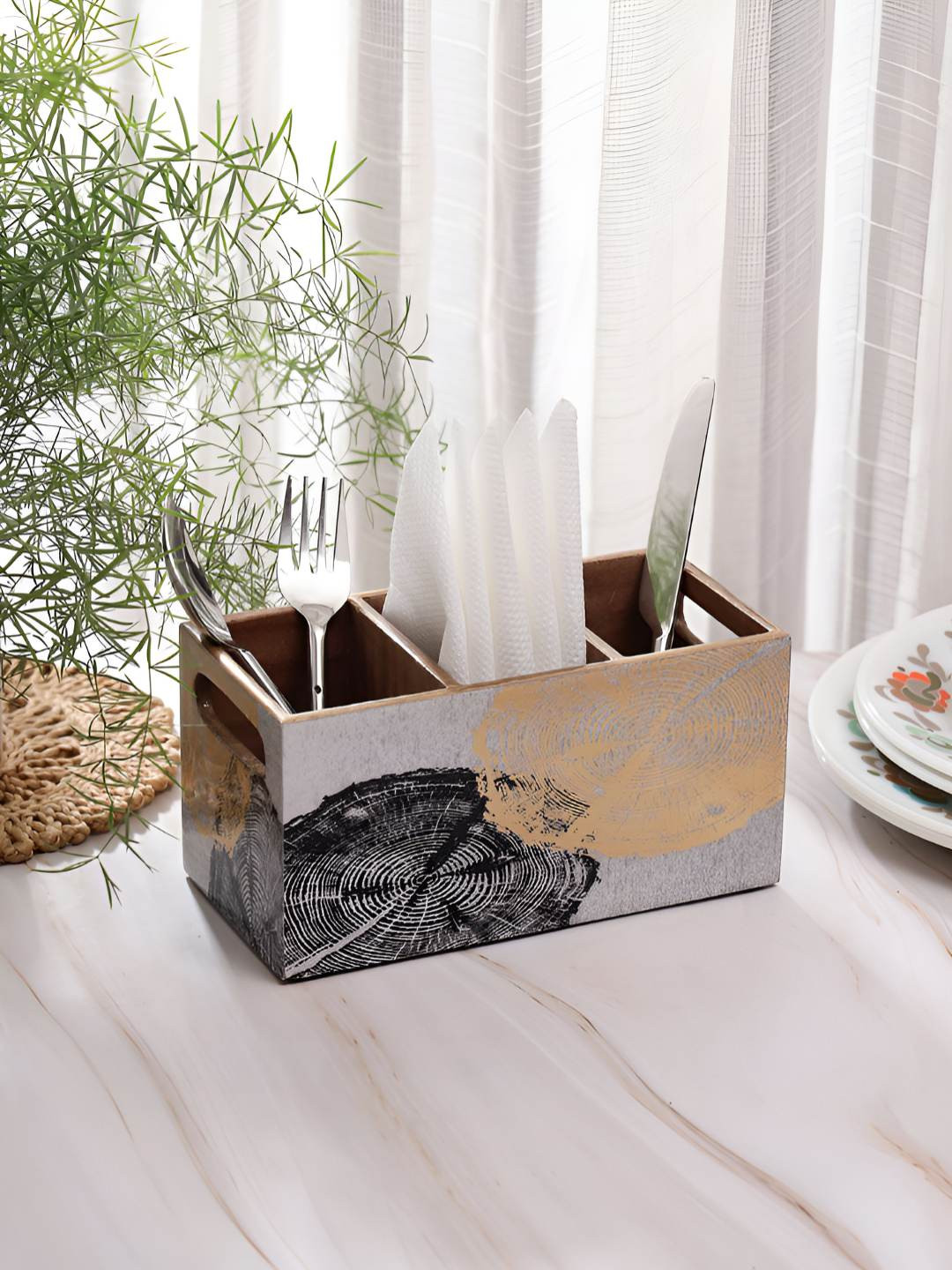 DULI Silver-Toned Wood Cutlery Holder With 3 sections