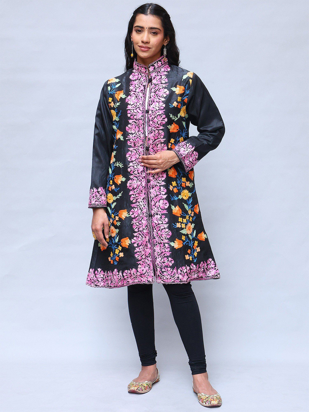 Exotic India Women Floral Longline Tailored Jacket with Embroidered