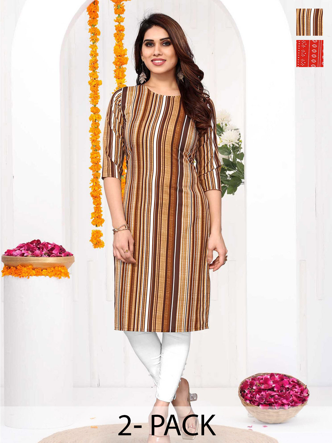 Moda Rapido Selection Of 2 Striped Round Neck Straight Kurtas