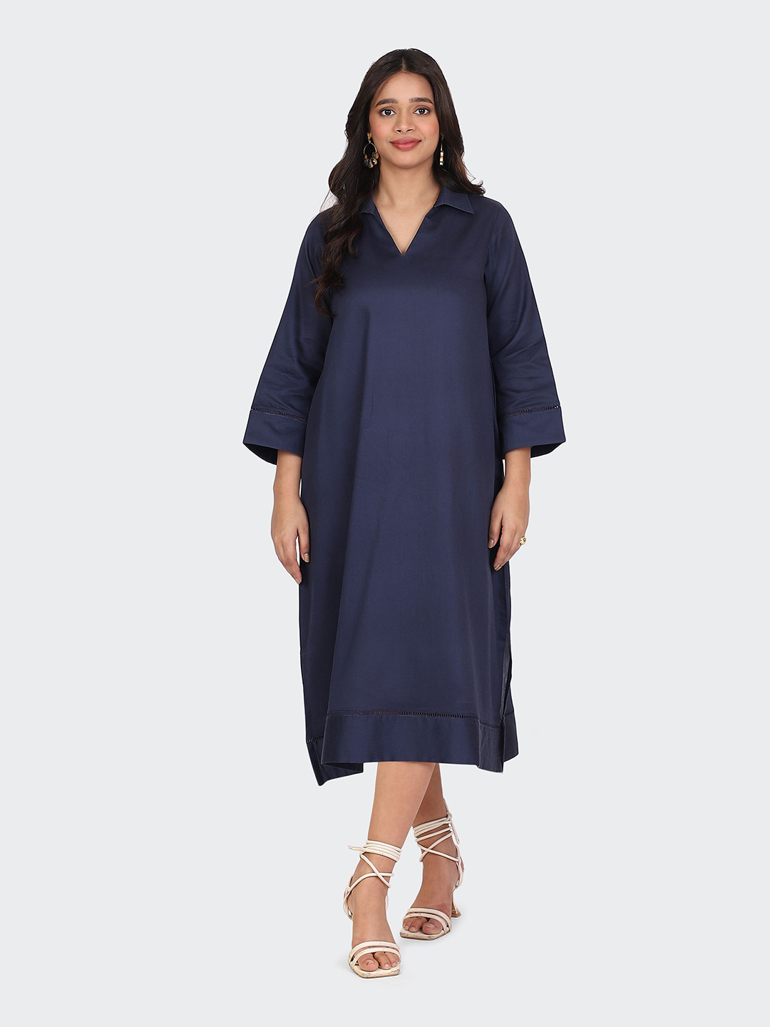HUE & HIDE Women Navy Blue Shirt Collar Fit and Flare Midi Dress