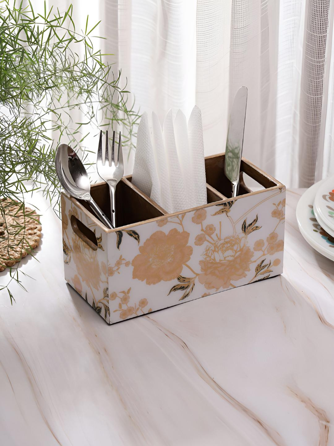 DULI White Wood Cutlery Holder With 3 sections