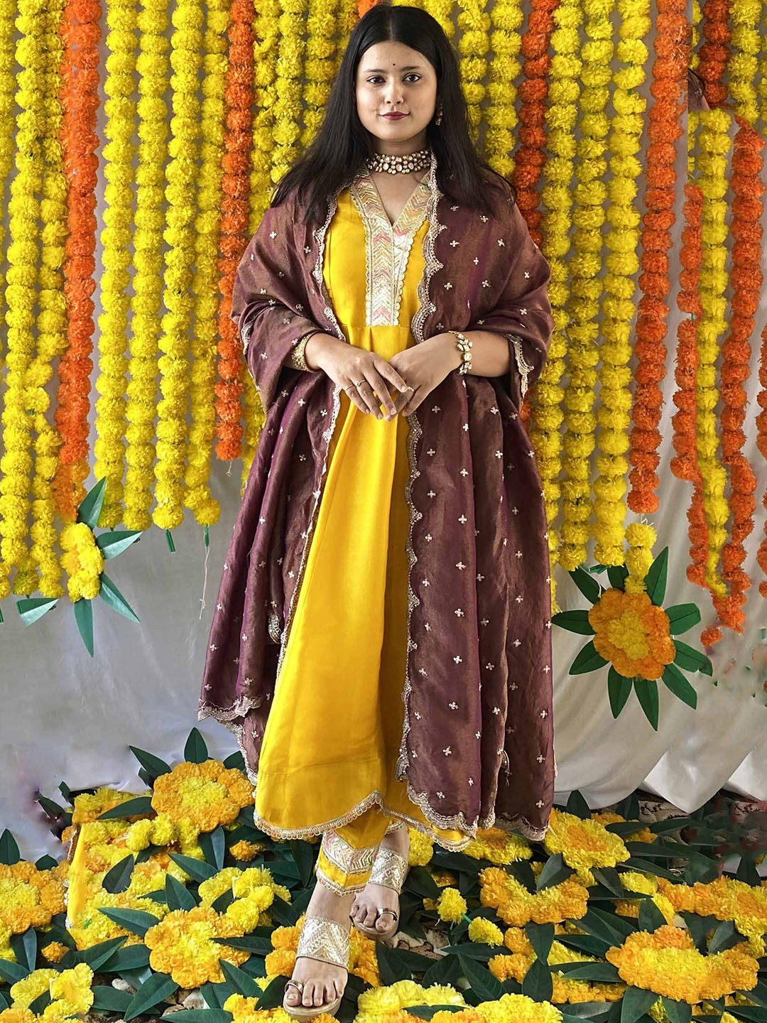 Anvi Styles for Stories Women Yellow Banarasi Tissue Anarkali Kurta Set with Dupatta