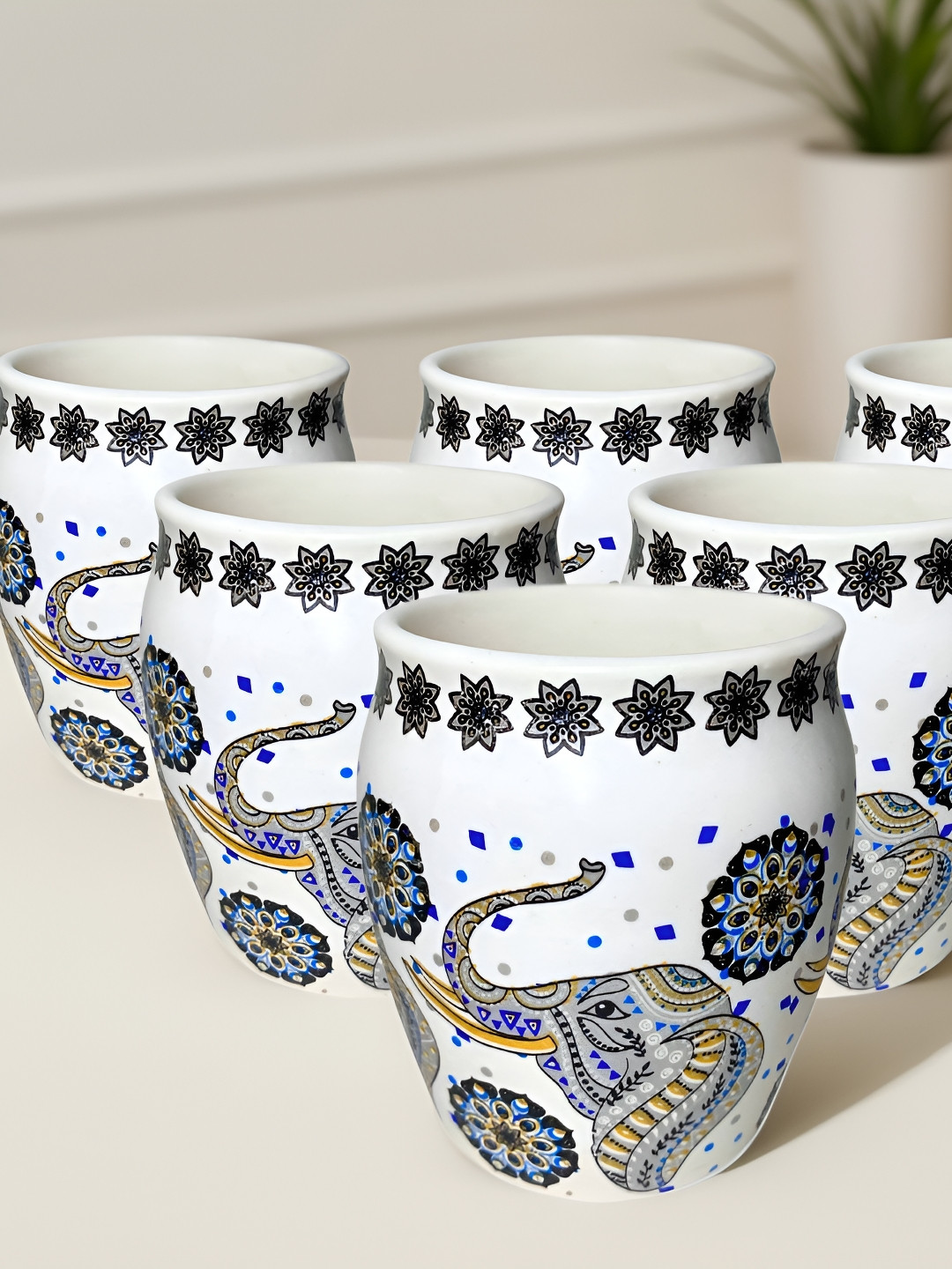 Ekaura Flora Sunrise Black Animal Print Ceramic Microwave Safe 6 Piece Cups-220ml