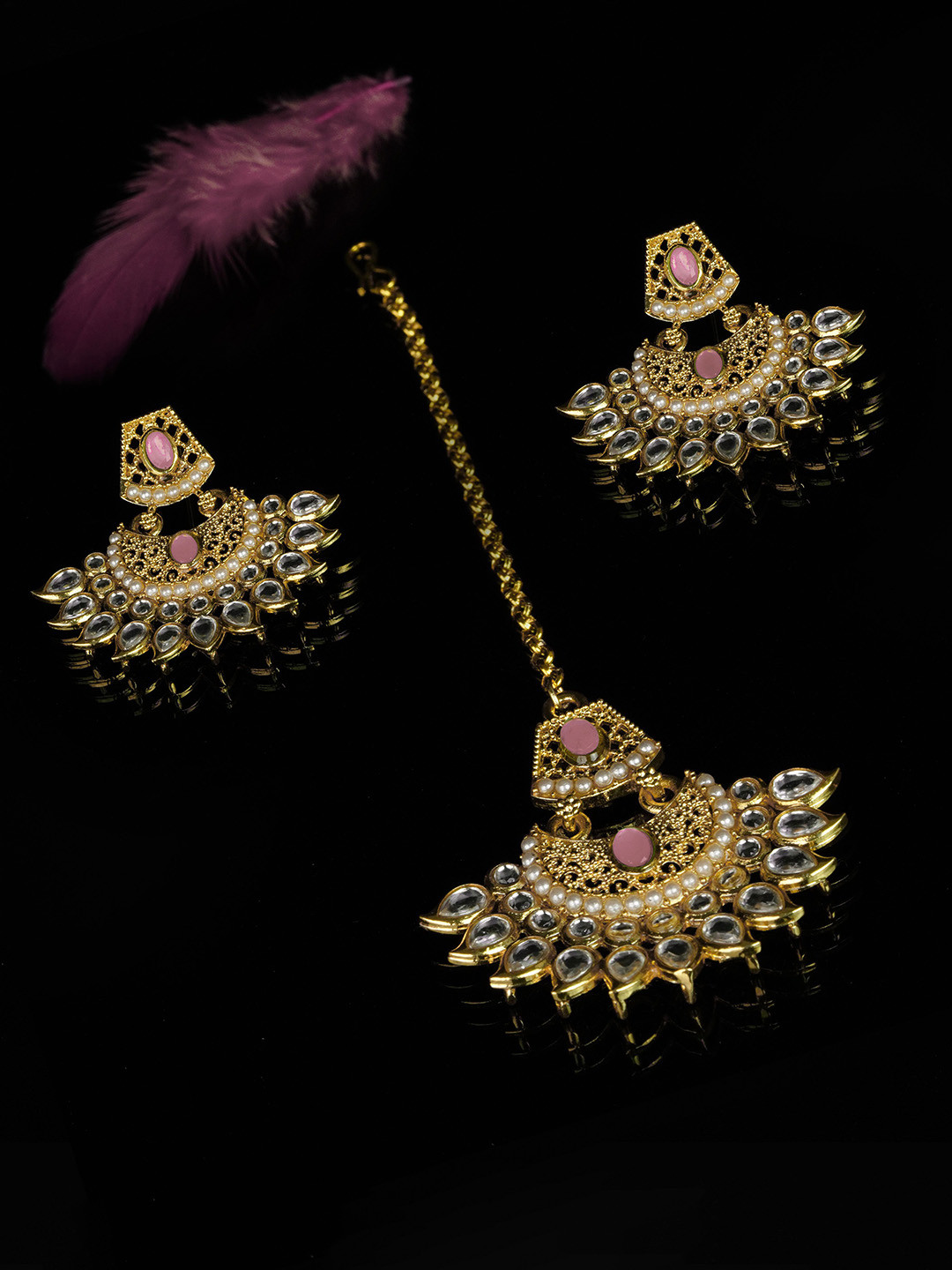 Anxvi 1K Gold-Plated Kundan Stone-Studded & Beaded Jewellery Set