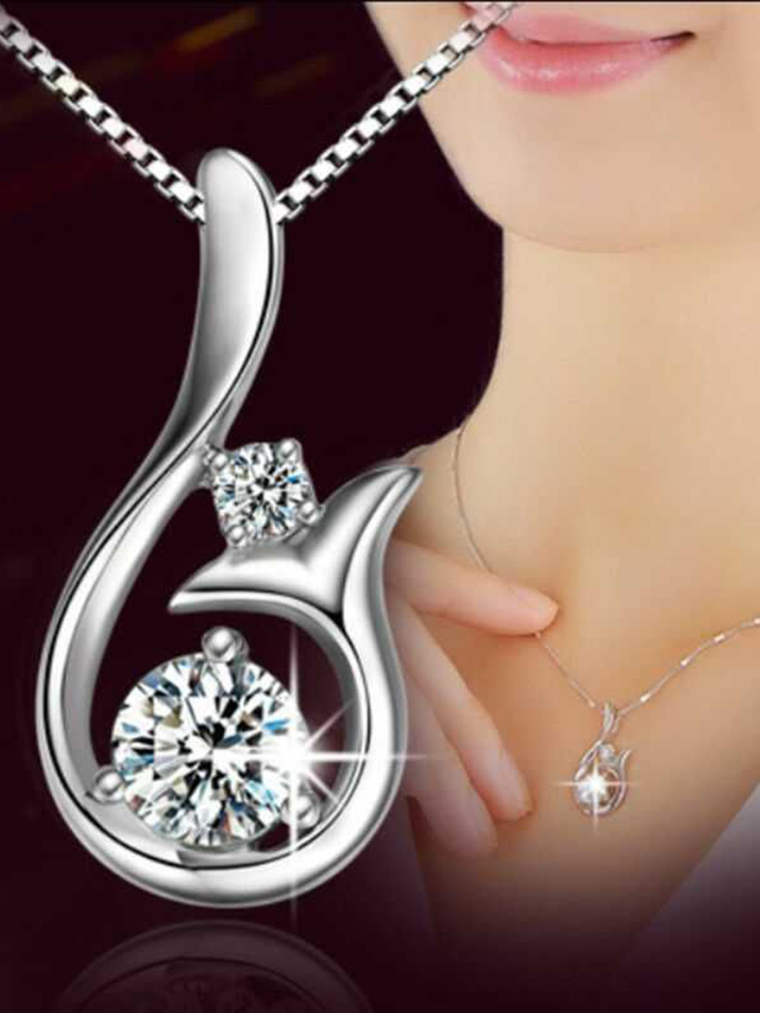 Bling Queen Silver Plated Cubic Zirconia Studded Mermaid Tail Pendant With Chain