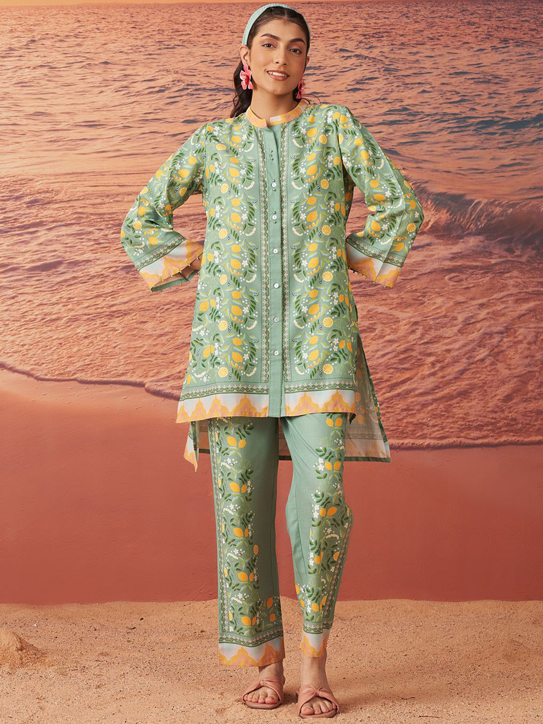 Lakshita Green Printed Remi Linen Co-Ord Set For Women