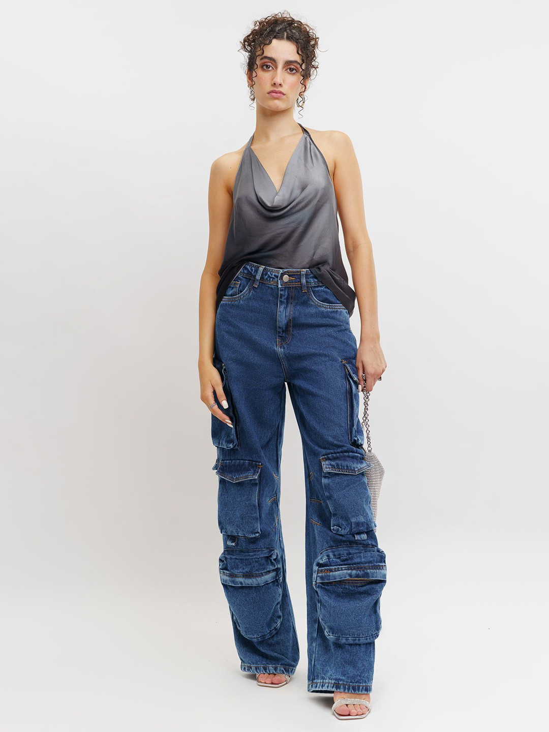 FREAKINS Women Straight Fit High-Rise Light Fade Pocket Play Cargo Pants Jeans