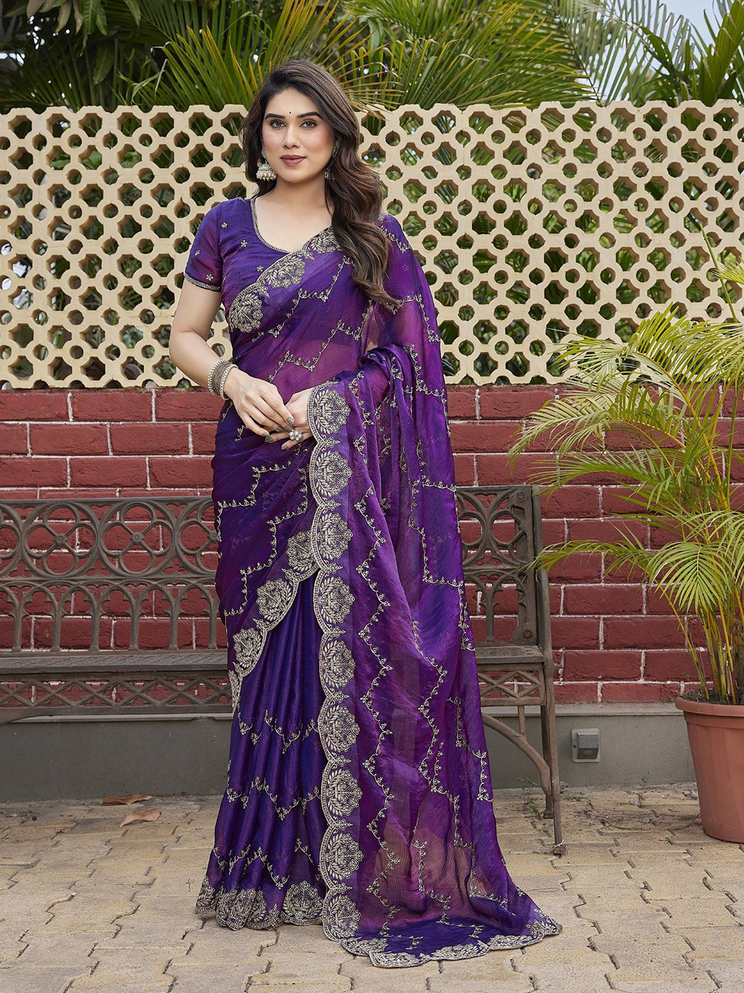 The Textile Hub Floral Embroidered Silk Blend Saree