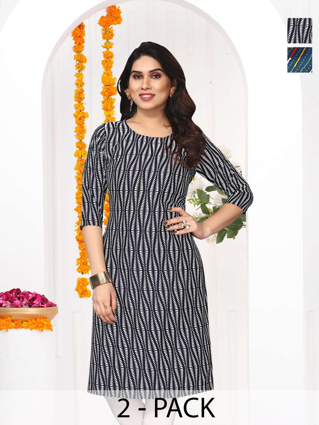 Moda Rapido Women Pack Of-2 Striped Printed Round Neck Straight Kurta