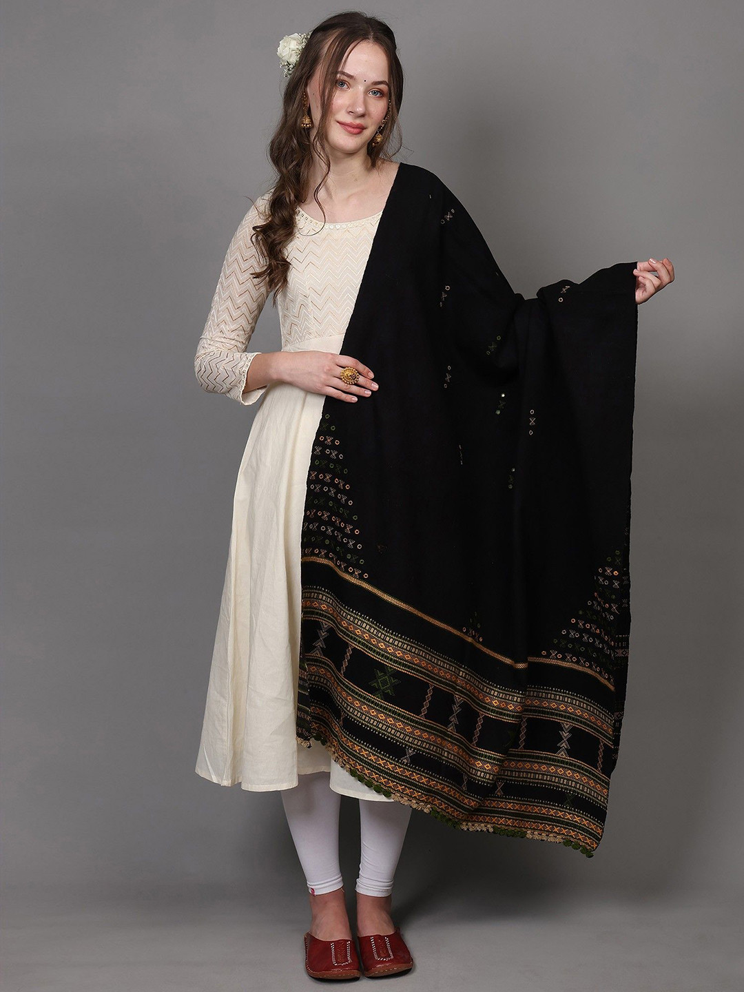 Exotic India Shawl From Kutch With Woven Border And Embroidered Mirrors