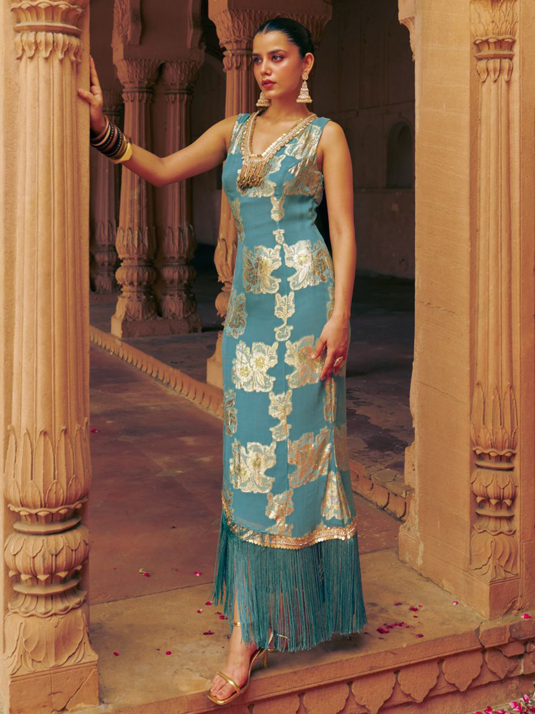 SILCHIC Sage Blue Georgette Floral Jacquard Patterned Foil Dress