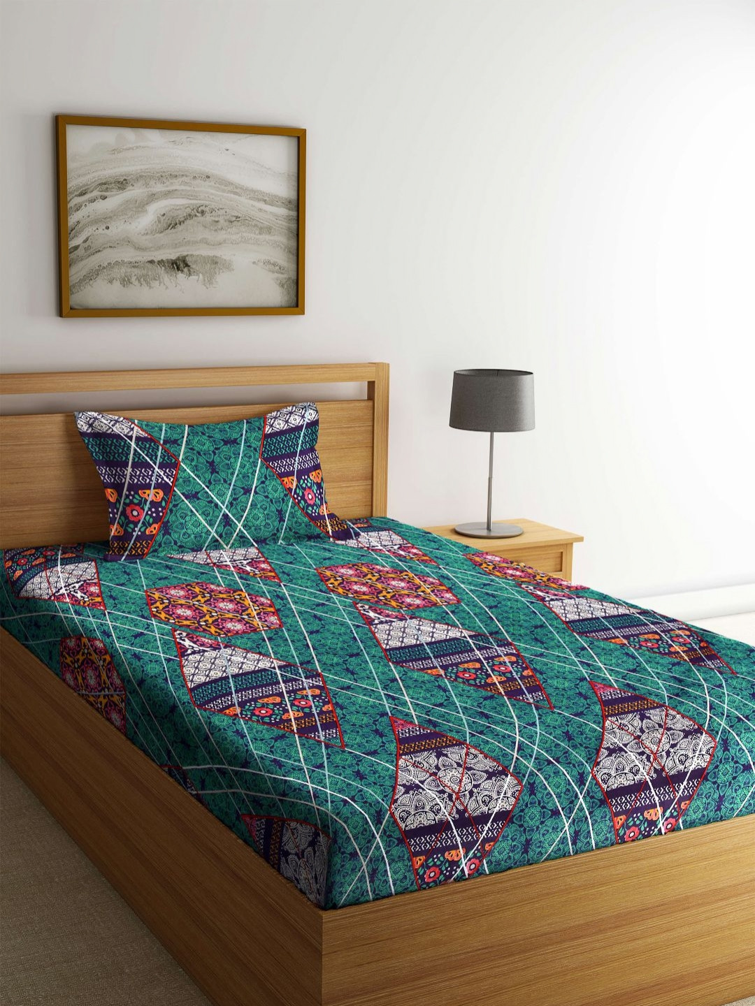 Aura Green Geometric Polycotton Skin-Friendly 350 TC Single Superfine Bedsheet with a Pillow Cover-85 x 59 inches