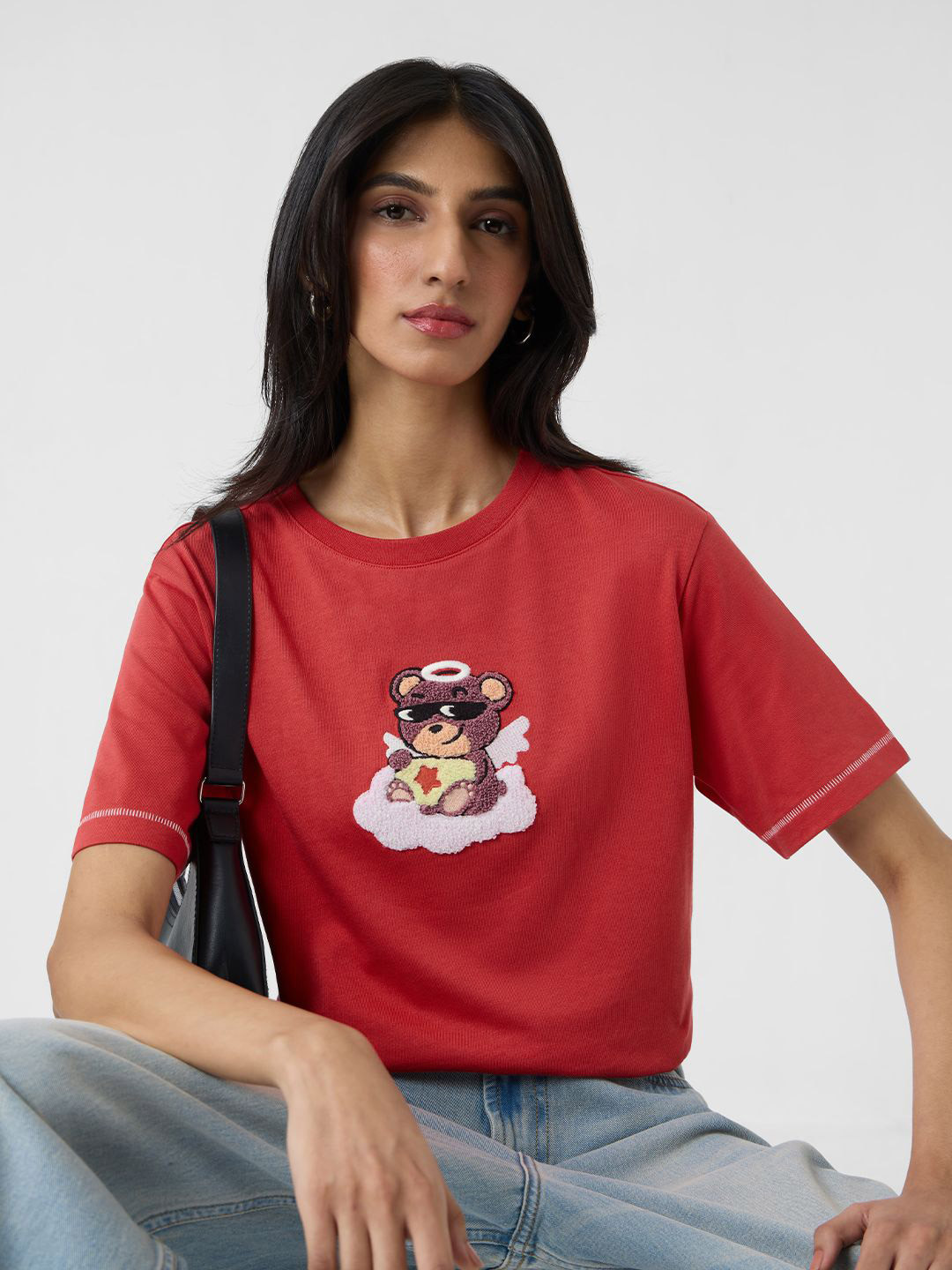 The Souled Store  Women Relaxed T-Shirt: Angel Teddy Red Relaxed Fit T-Shirt
