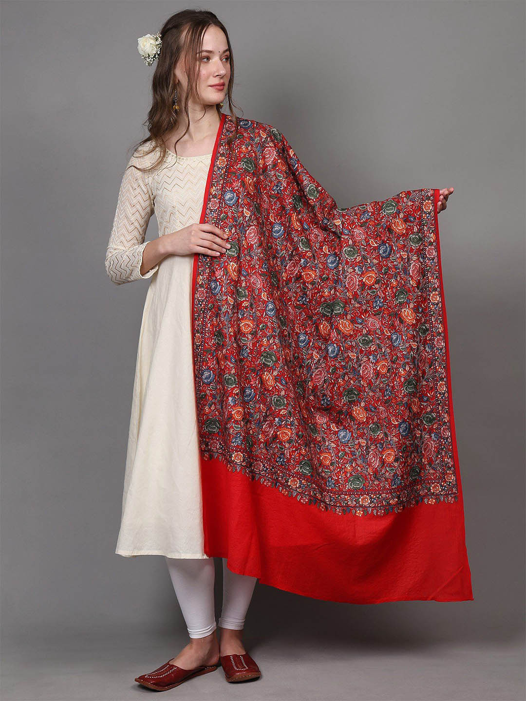 Exotic India Pure Wool Shawl From Punjab With Intricate Embroidered Floral Vines