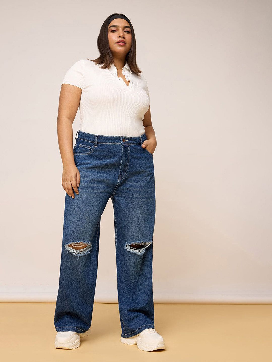 FREAKINS Women Plus Size Curve Clean Cut Wide Leg Jeans