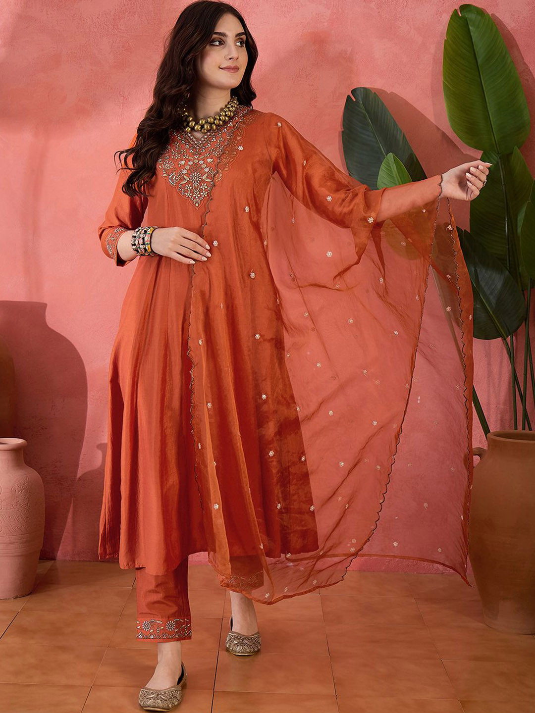 Sangria Women Ethnic Motifs Embroidered A-Line Kurta Sets With Dupatta