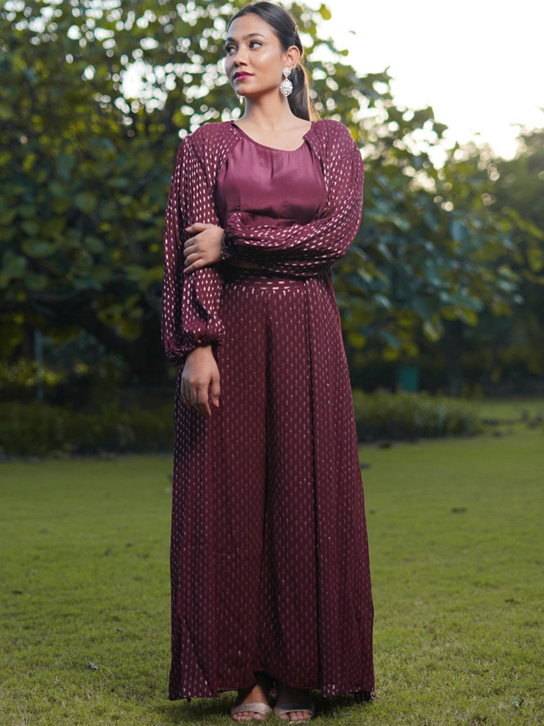 Shades of Sabi Printed Round Neck Top With Palazzo & Shrug Co-Ords