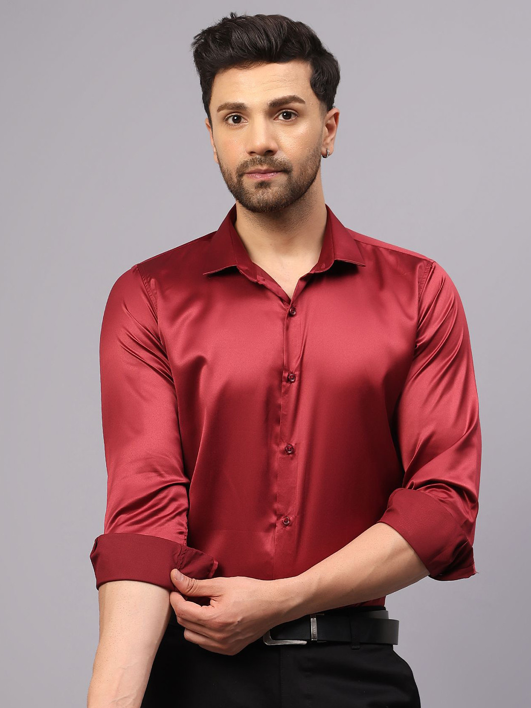 CVC Men Regular Fit Poly Satin Silk Red Shirt