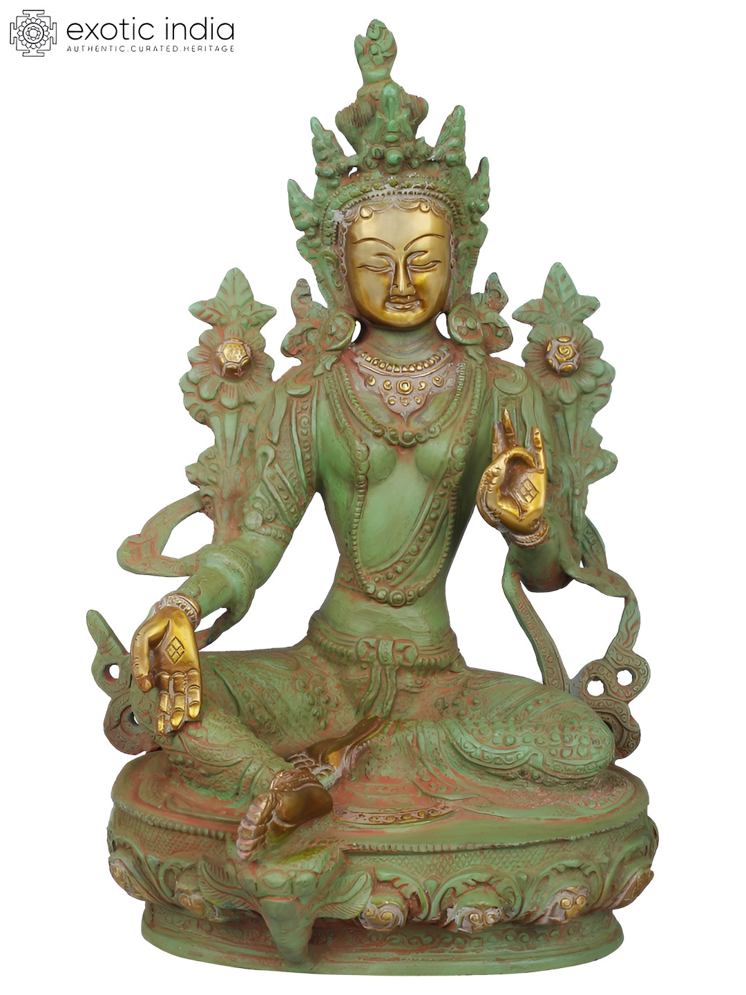 Exotic India Tibetan Buddhist Goddess Tara Gold Brass Metallic Living Room Hand Made Medium Showpiece - 12.3 Inches