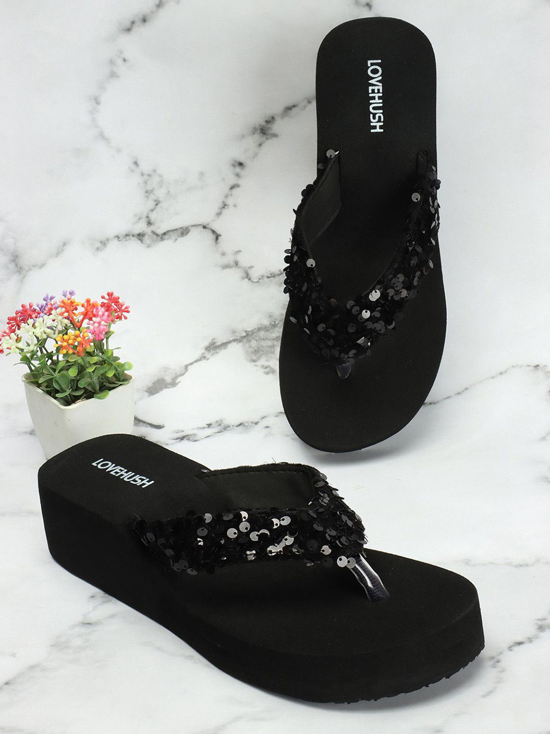 LOVEHUSH Women Embellished Canvas Wedge Sandals