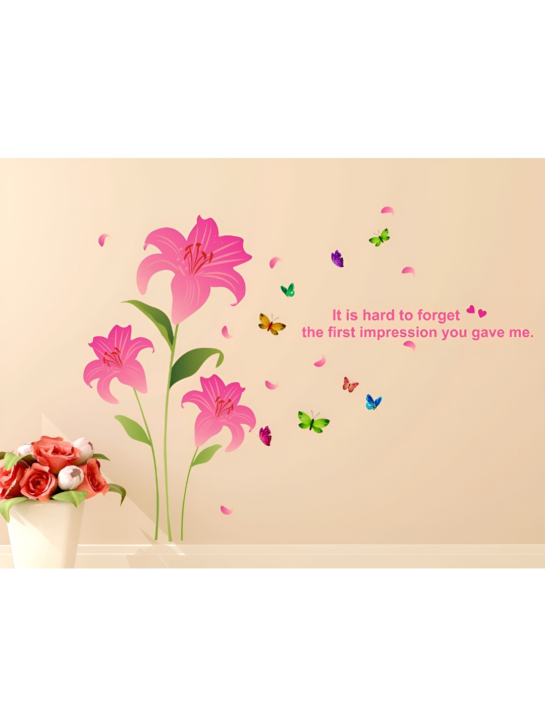 LANSTICK Pink & Green Flowers & Butterflies  Self Adhesive Wall Sticker