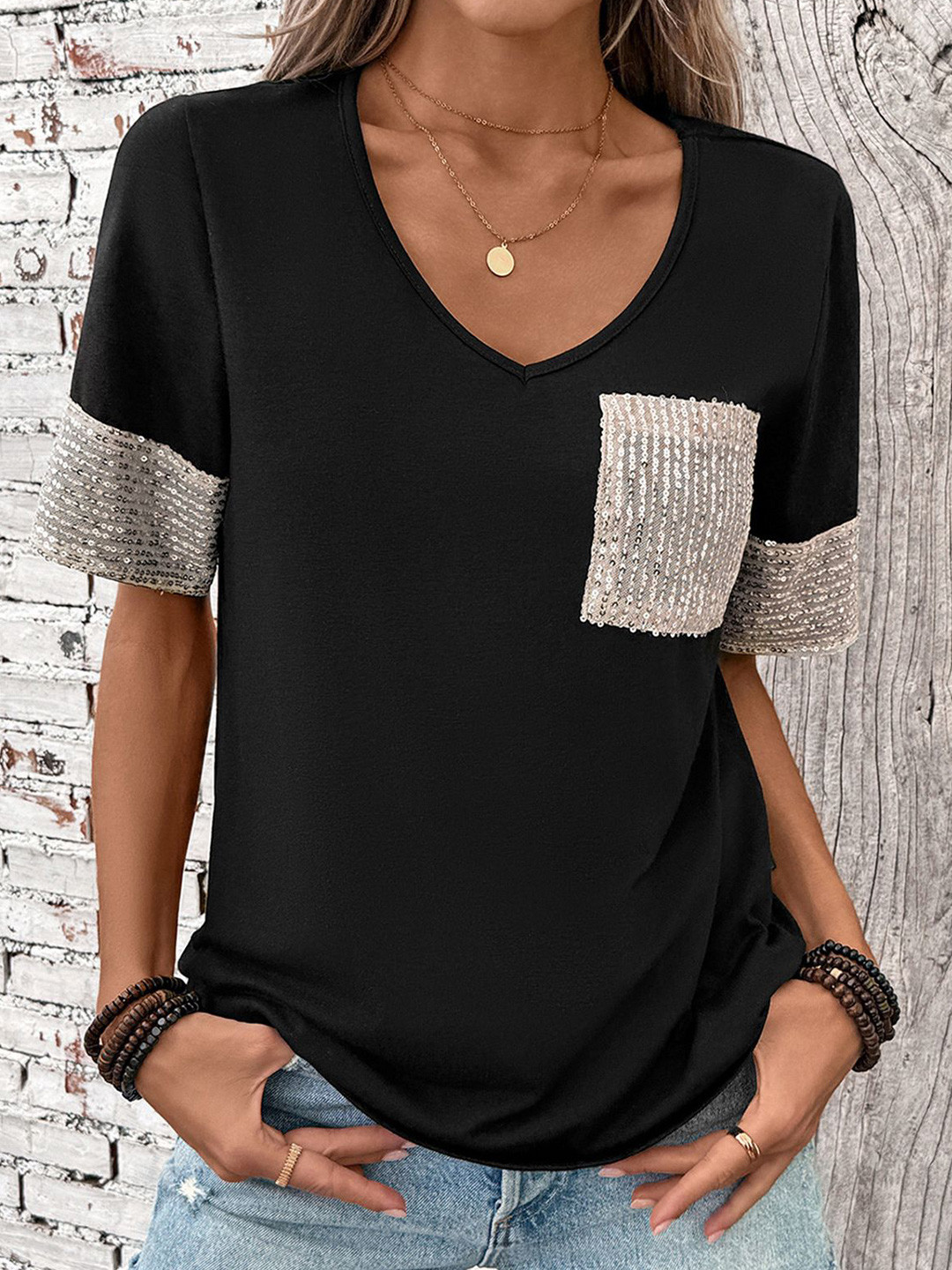 StyleCast x Revolte Women V-Neck Embellished Pocket Detailed Top
