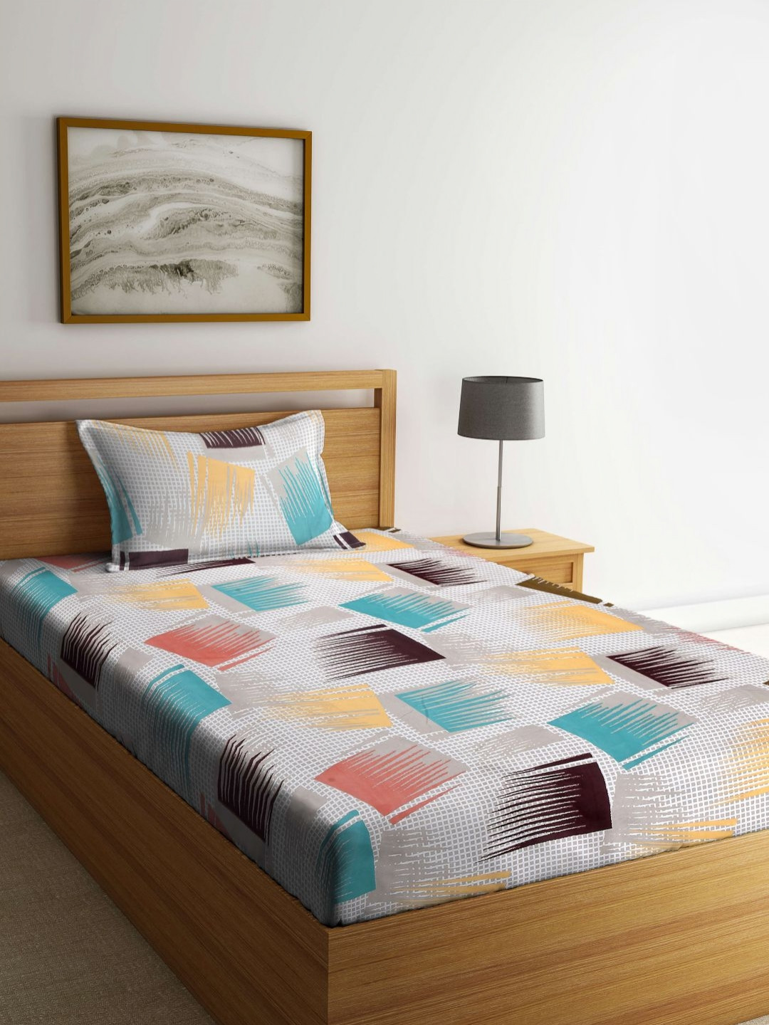 Aura Live Beautiful White Graphic Cotton Skin-Friendly 350 TC Single Superfine Bedsheet with a Pillow Cover-85 x 59 inches