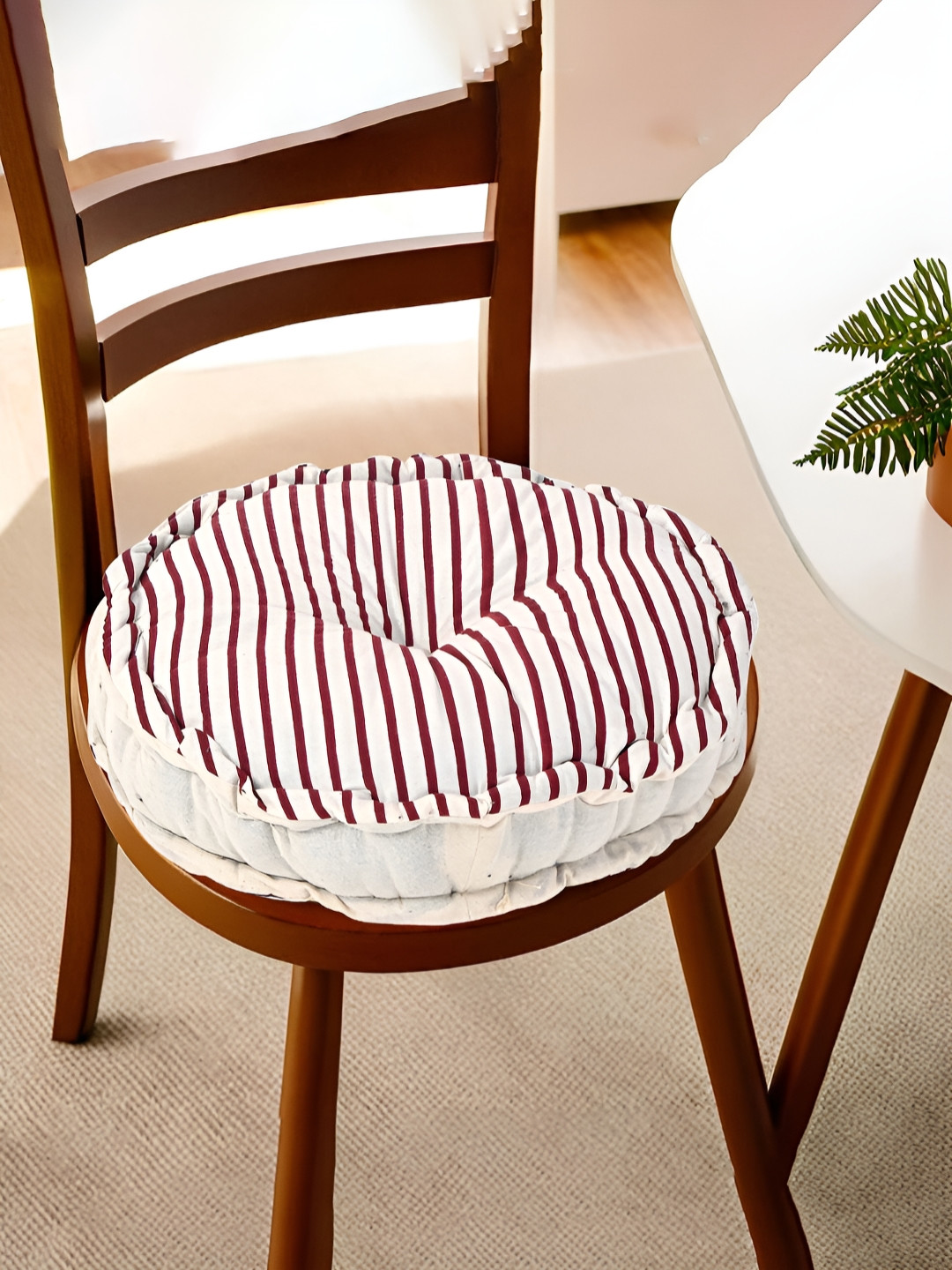Myntra Elegant Homes Maroon & Cream-Colored Striped Cotton Sitting Round Chair Cushion Pad