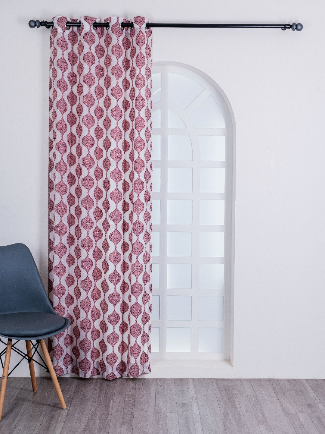 Parda Online Red & White Floral Printed Linen Window Curtain