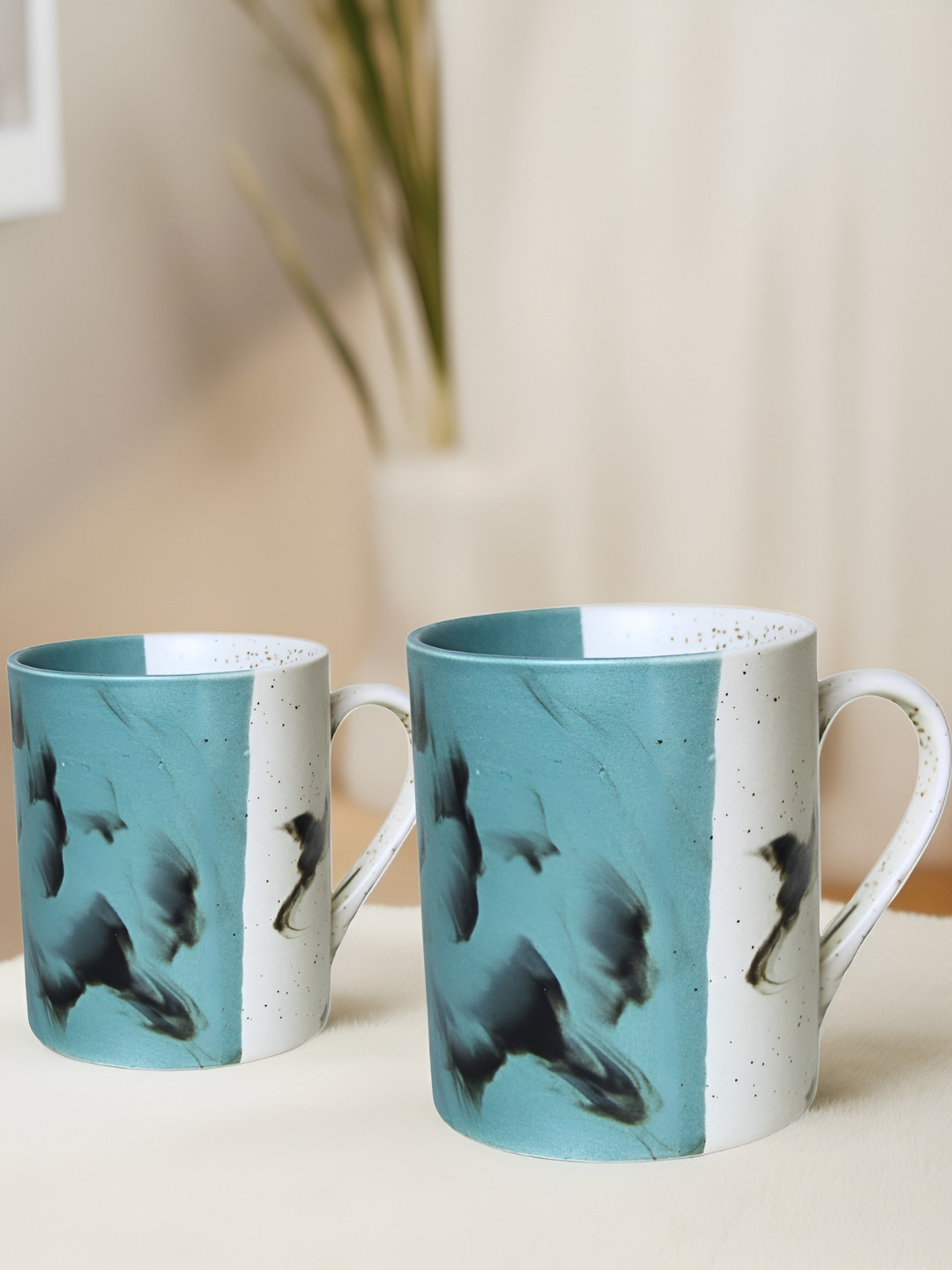 Ekaura Valentine Gift Blue Abstract Ceramic Microwave Safe 2 Piece Mugs-300ml