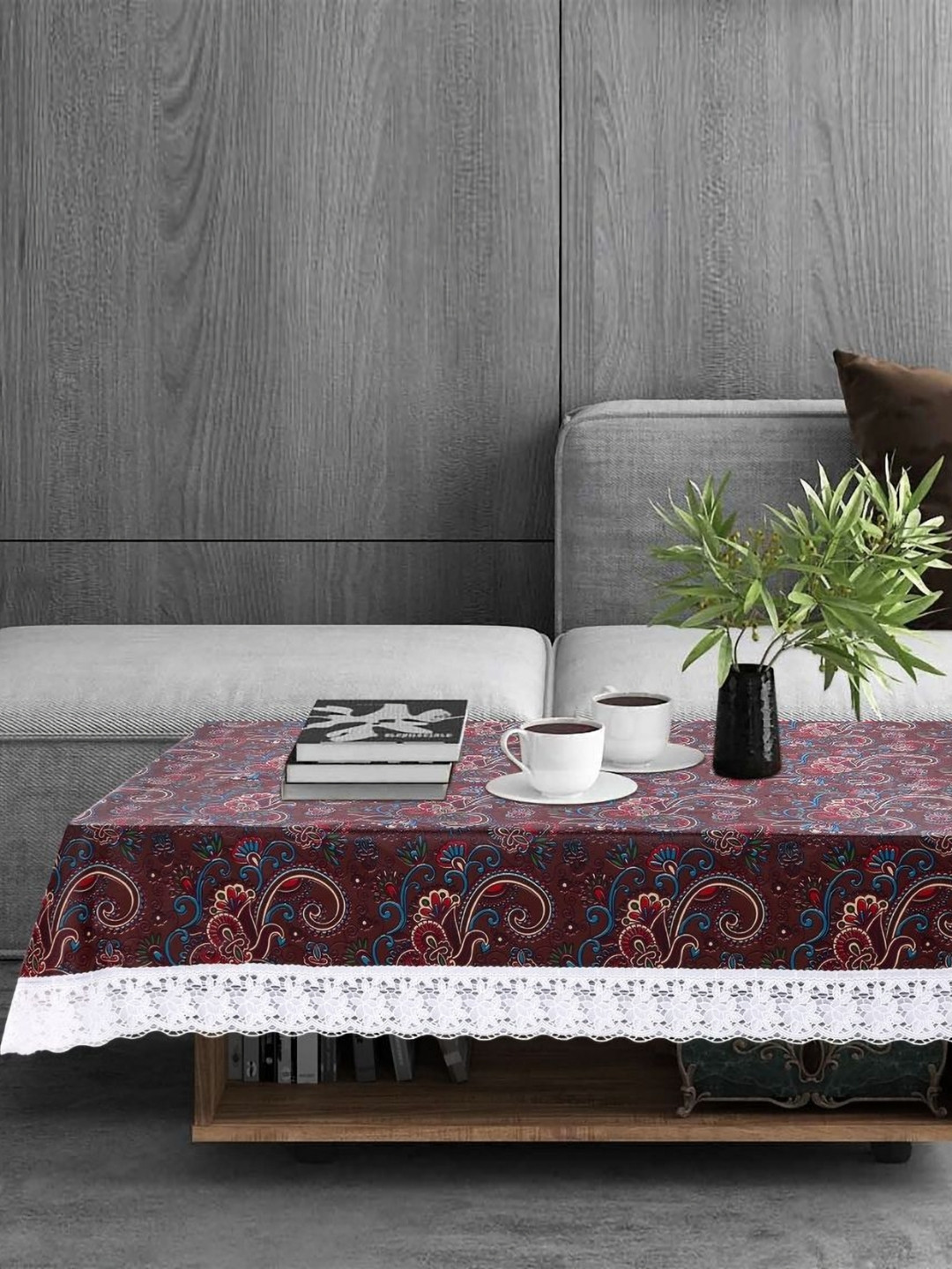 Stylista Brown & Blue Ethnic Motifs Printed 4-Seater Table Cover With Stylish Lace Border