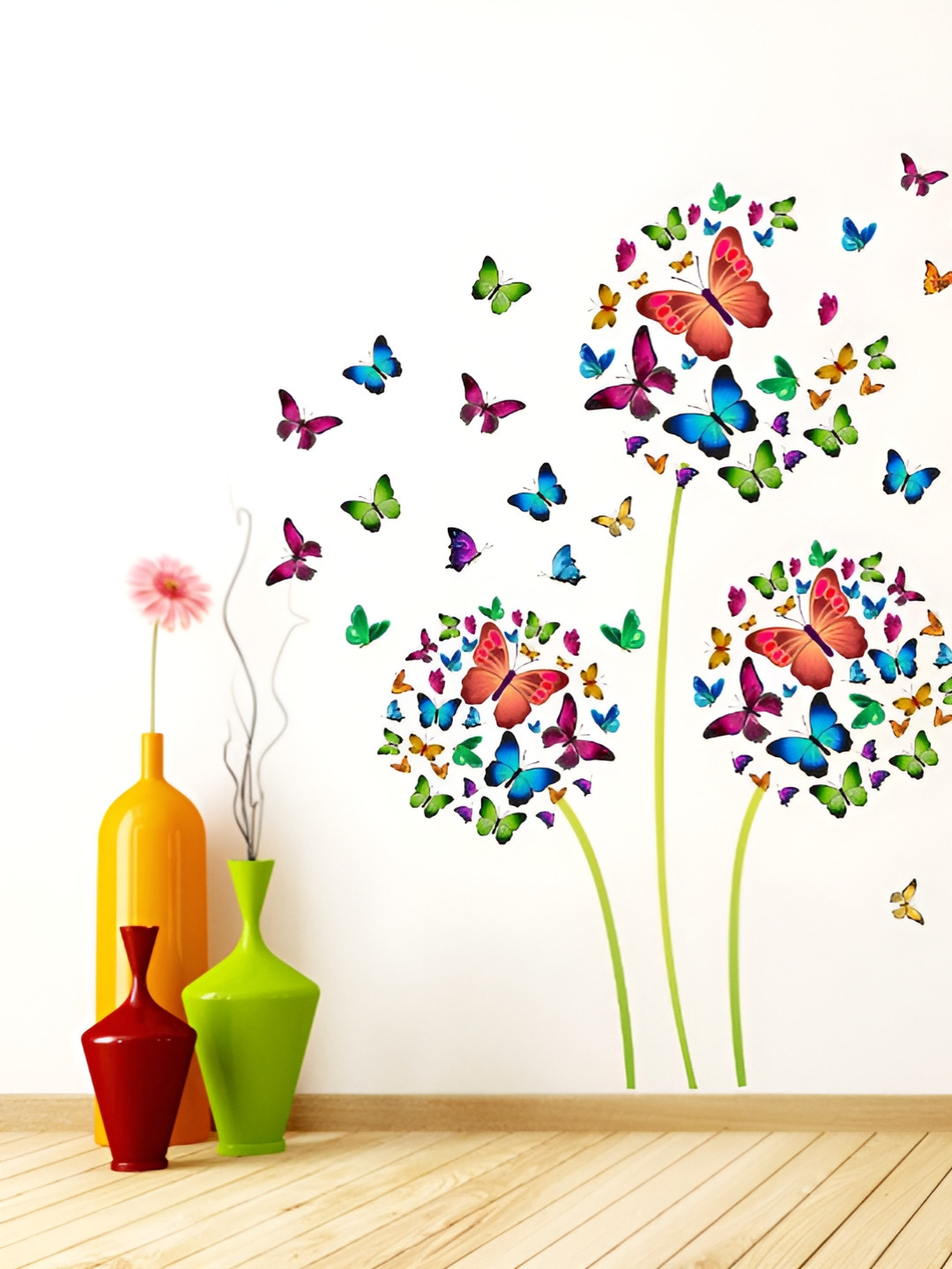 LANSTICK Blue & Red Self Adhesive Tree With Butterflies Wall Sticker