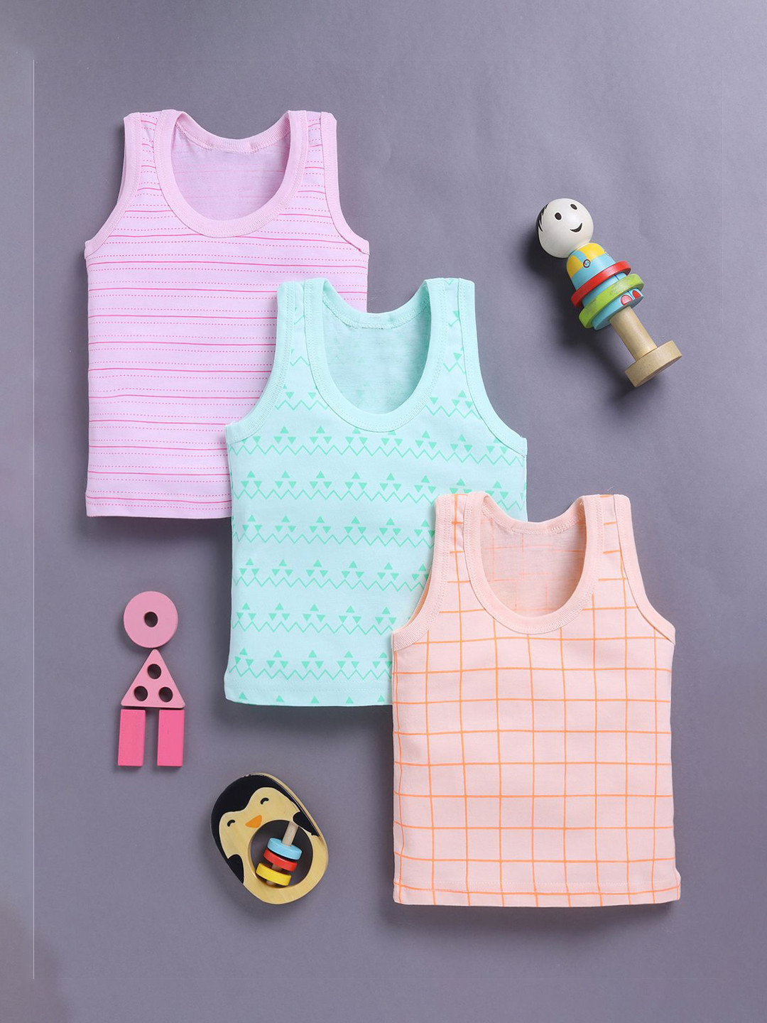 Unfab Infant Boys Assorted Pack Of 3 Printed Cotton Basic Vests R-W67-BOYS-VEST