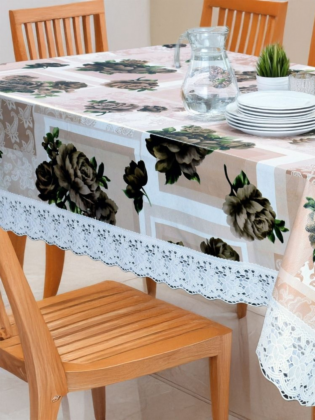 Stylista Off White & Grey Floral Printed 4-Seater Table Cover With Lace Borde