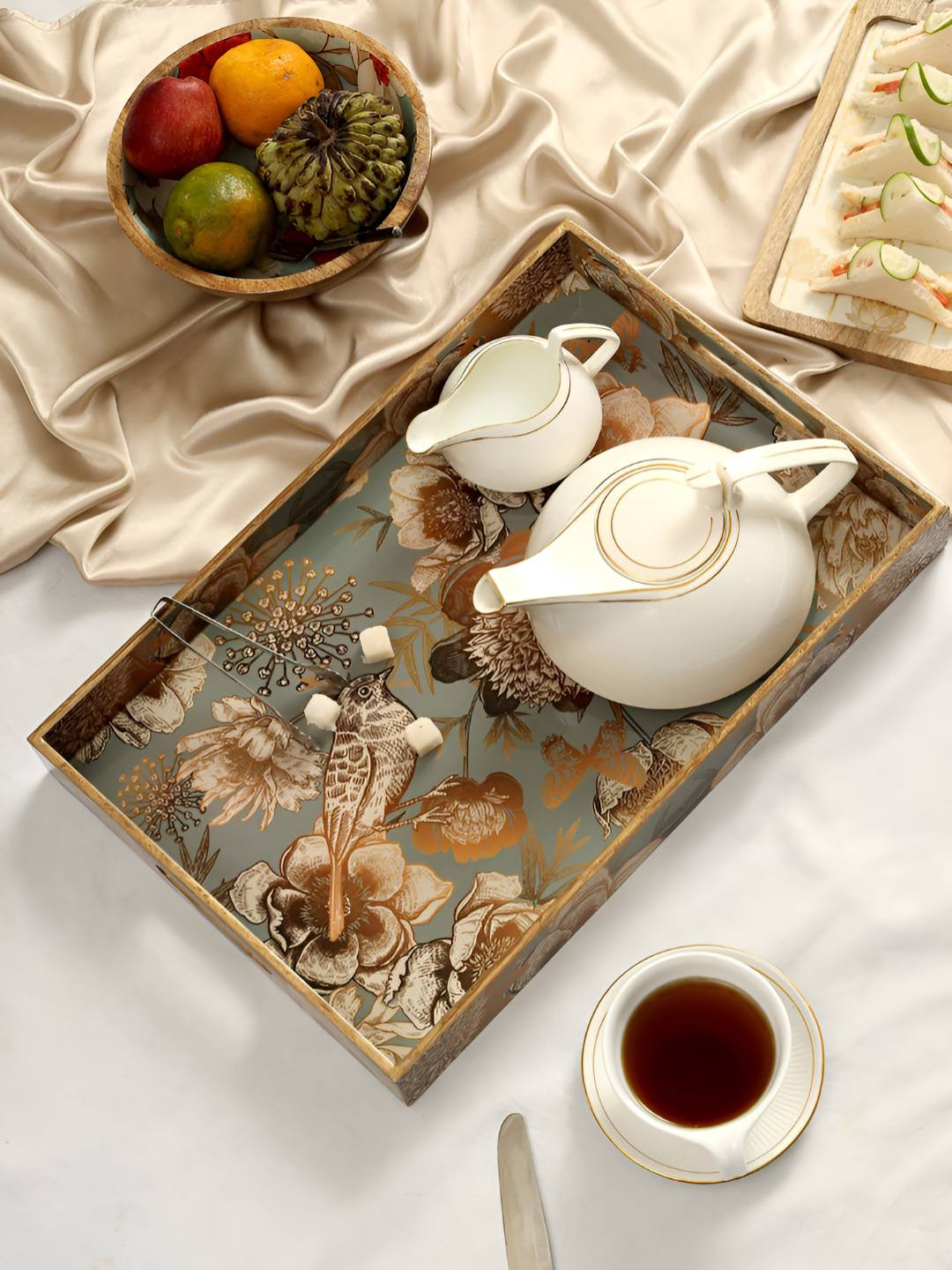 DULI Grey & Gold-Toned Easy To Clean MDF Waterproof Serving Tray