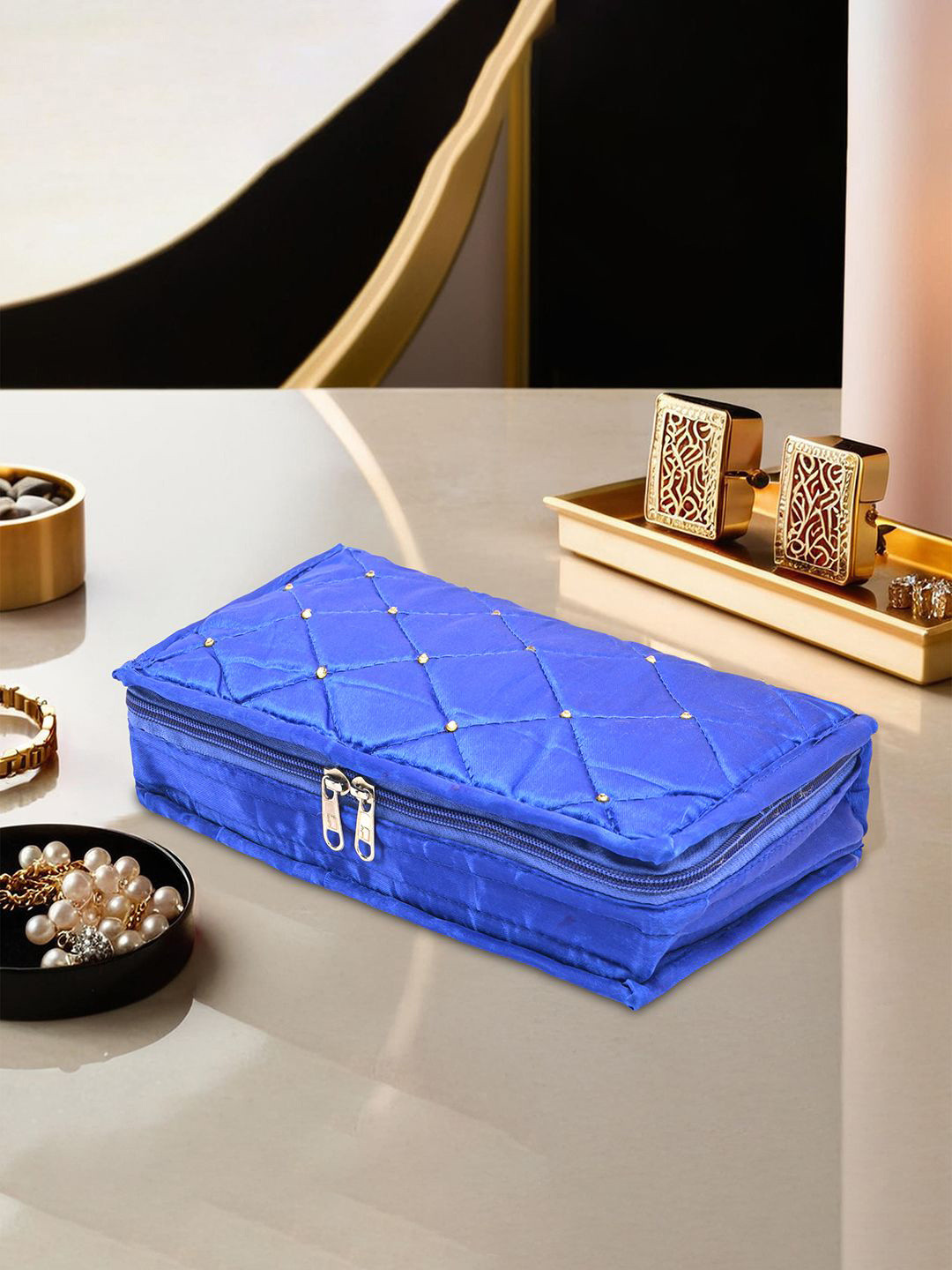 Kuber Industries Blue & Gold Toned Satin Jewellery Organiser Kit With 6 Pouches