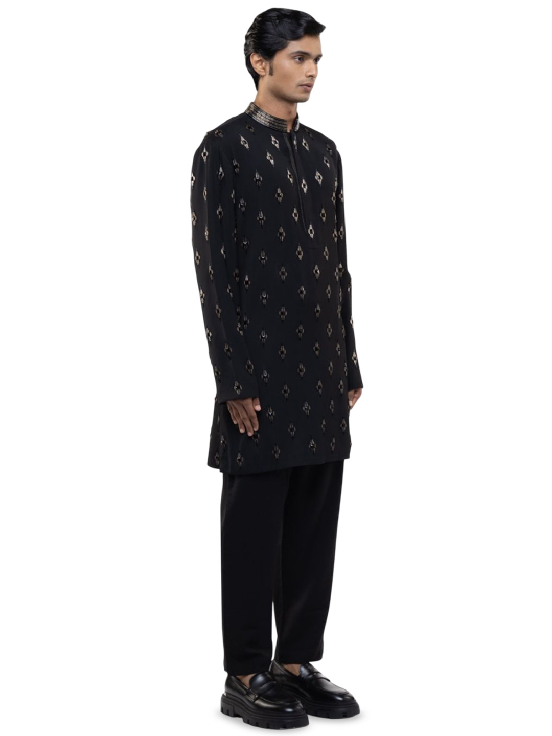 SDS By Kushal Shah Geometric Embroidered Mandarin Collar Cotton Straight Kurta & Trousers
