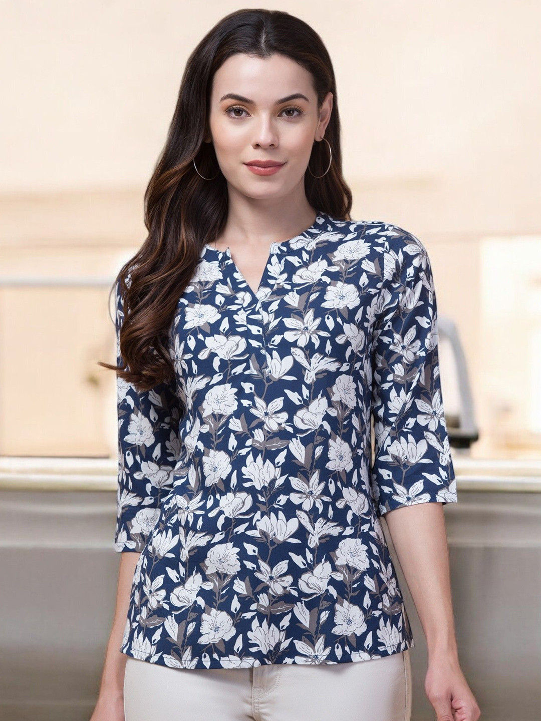 INUKA Women Floral Print Mandarin Collar Roll-Up Sleeves Top