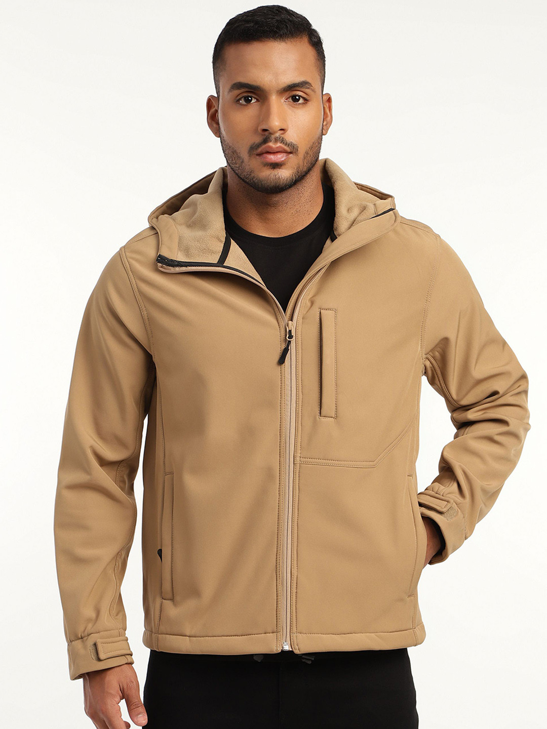 MOUNTMILLER Men's Full Sleeve Hooded Neck Khaki DWR Tactical Soft Shell Jacket